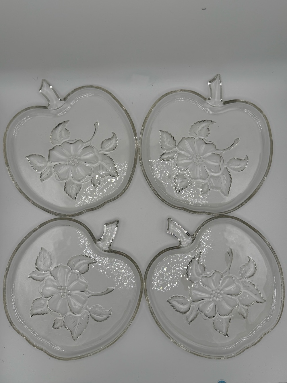 1950’s Hazel-Atlas Set of 4 Clear Apple-Shaped Glass Dessert Plates